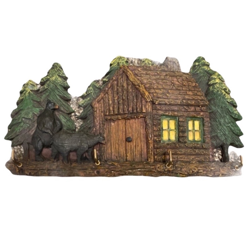 NEW! Wall Key Holder Four Hooks Mountain Cabin Trees and Bears Heavy Duty
